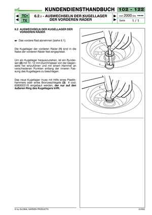 Page 38TC•
TX
© by GLOBAL GARDEN PRODUCTS
102 - 122
6.2.0- AUSWECHSELN DER KUGELLAGER
DER VORDEREN RÄDER


1 / 1
KUNDENDIENSTHANDBUCH
Seite von 
2000bis  ••••
6.2 AUSWECHSELN DER KUGELLAGER DER 
VORDEREN RÄDER
Das vordere Rad abnehmen [siehe 6.1].
Die Kugellager der vorderen Räder 
(1)sind in die
Nabe der vorderen Räder fest eingepresst.
Um ein Kugellager herauszuziehen, ist ein Rundei-
sen 
(2) mit 10 -12 mm Durchmesser von der Gegen-
seite her einzuführen und mit einem Hammer an
verschiedenen Punkten...