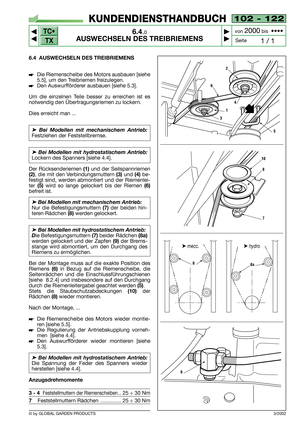 Page 41102 - 122
6.4.0
AUSWECHSELN DES TREIBRIEMENS



1 / 1
KUNDENDIENSTHANDBUCH
Seite von 
2000bis  ••••
6.4 AUSWECHSELN DES TREIBRIEMENS
Die Riemenscheibe des Motors ausbauen [siehe
5.5], um den Treibriemen freizulegen.
Den Auswurfförderer ausbauen [siehe 5.3].
Um die einzelnen Teile besser zu erreichen ist es
notwendig den Übertragungsriemen zu lockern.
Dies erreicht man ...
➤Bei Modellen mit mechanischem Antrieb:
Festziehen der Feststellbremse.  
➤Bei Modellen mit hydrostatischem Antrieb:
Lockern...