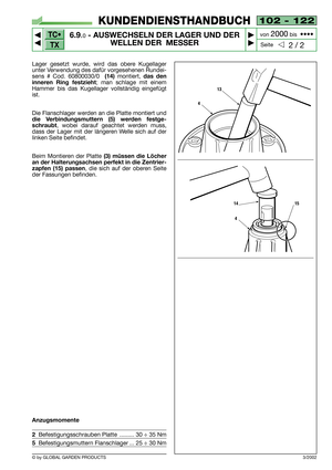 Page 48TC•
TX
© by GLOBAL GARDEN PRODUCTS
102 - 122
6.9.0- AUSWECHSELN DER LAGER UND DER
WELLEN DER  MESSER


2 / 2
KUNDENDIENSTHANDBUCH
Seite von 
2000bis  ••••
Lager gesetzt wurde, wird das obere Kugellager
unter Verwendung des dafür vorgesehenen Rundei-
sens # Cod. 60800030/0  
(14)montiert, das den
inneren Ring festzieht
; man schlage mit einem
Hammer bis das Kugellager vollständig eingefügt
ist.
Die Flanschlager werden an die Platte montiert und
die Verbindungsmuttern (5) werden festge-
schraubt
,...