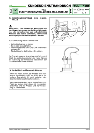 Page 65TC•
TX
© by GLOBAL GARDEN PRODUCTS
102 - 122
7.6.2
FUNKTIONSKONTROLLE DES ANLASSRELAIS



1 / 1
KUNDENDIENSTHANDBUCH
Seite von 
2006bis  ••••
7.6 FUNKTIONSKONTROLLE DES ANLASS-
RELAIS
ACHTUNG! - Der Stecker der Kerze (oder von
den Kerzen) abnehmen, da die Sicherheitssyste-
me, die normalerweise das unbeabsichtigte
Anlassen des Motors verhindern, während des
Prüfvorgangs außer Betrieb gesetzt werden.
Zur Durchführung dieser Kontrolle sind:
–die Feststellbremse zu ziehen;
–das Messer auszuschalten;...