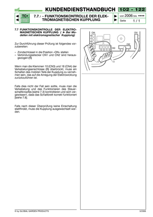 Page 67TC•
TX
© by GLOBAL GARDEN PRODUCTS
102 - 122
7.7.1- FUNKTIONSKONTROLLE DER ELEK-
TROMAGNETISCHEN KUPPLUNG


1 / 1
KUNDENDIENSTHANDBUCH
Seite von 
2006bis  ••••
7.7 FUNKTIONSKONTROLLE DER ELEKTRO-
MAGNETISCHEN KUPPLUNG 
( ➤Bei Mo-
dellen mit elektromagnetischer  Kupplung)
Zur Durchführung dieser Prüfung ist folgendes vor-
zubereiten:
–Zündschlüssel in die Position «ON» stellen
–Verbindungsstecker CN1 und CN2 sind heraus-
gezogen 
(1)
Wenn man die Klemmen 10 (CN3) und 18 (CN4) der...