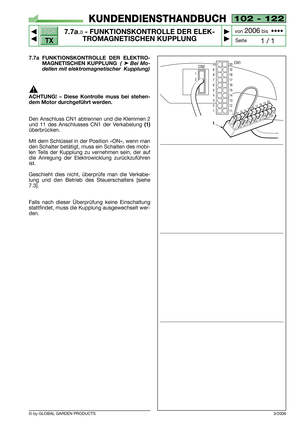 Page 68102 - 122
7.7a.0- FUNKTIONSKONTROLLE DER ELEK-
TROMAGNETISCHEN KUPPLUNG


1 / 1
KUNDENDIENSTHANDBUCH
Seite von 
2006bis  ••••
7.7a FUNKTIONSKONTROLLE DER ELEKTRO-
MAGNETISCHEN KUPPLUNG 
( ➤Bei Mo-
dellen mit elektromagnetischer  Kupplung)
ACHTUNG! – Diese Kontrolle muss bei stehen-
dem Motor durchgeführt werden.
Den Anschluss CN1 abtrennen und die Klemmen 2
und 11 des Anschlusses CN1 der Verkabelung 
(1)
überbrücken.
Mit dem Schlüssel in der Position «ON», wenn man
den Schalter betätigt, muss ein...