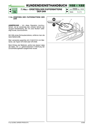 Page 74102 - 122
7.14a.0- ERSETZEN DER PUFFERBATTERIE 
DER UHR


1 / 1
KUNDENDIENSTHANDBUCH
Seite von 
2006bis  ••••
7.14a ERSETZEN DER PUFFERBATTERIE DER
UHR
ANMERKUNG
– Um diese Operation durchzu-
führen, ist es notwendig den unteren Schutz der
Gruppe Paneel/Karte, der mit zwei Muttern befe-
stigt wurde, durchzuführen.
Mit Hilfe eines Schraubenziehers, entferne man die
leere Batterie 
(1).
Man verwende ausschlie_lich 3 Volt Ø 24 mm Bat-
terien, der Typen CR 2450 oder CR 2430.
Beim Einbau der Batterien,...