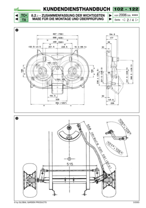 Page 88TC•
TX
© by GLOBAL GARDEN PRODUCTS
102 - 122
8.2.2- ZUSAMMENFASSUNG DER WICHTIGSTEN
MAßE FÜR DIE MONTAGE UND ÜBERPRÜFUNG


2 / 4
KUNDENDIENSTHANDBUCH
Seite von 
2006bis  ••••
3/2003
3
2   