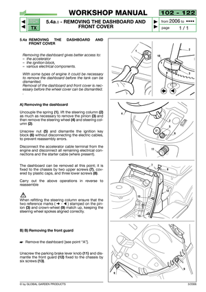 Page 31102 - 122
5.4a.0- REMOVING THE DASHBOARD AND
FRONT COVER


1 / 1
WORKSHOP MANUAL
page from 
2006to  ••••
5.4a REMOVING THE DASHBOARD AND
FRONT COVER
Removing the dashboard gives better access to:
–the accelerator
–the ignition block,
–various electrical components.
With some types of engine it could be necessary
to remove the dashboard before the tank can be
dismantled.
Removal of the dashboard and front cover is nec-
essary before the wheel cover can be dismantled.
.
A) Removing the dashboard...