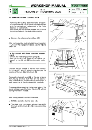 Page 36102 - 122
5.7.1
REMOVAL OF THE CUTTING DECK



1 / 1
WORKSHOP MANUAL
page from 
2002to  ••••
5.7 REMOVAL OF THE CUTTING DECK
Removing the cutting deck facilitates all opera-
tions involving the blade connecting toothed belt
and the overhaul and replacement of the hubs,
bearings or blade shafts..
With some practice and experience it is possible
to do this work with the deck still in position.
Remove the collector channel [see 5.3]
After having put the cutting height lever in position
«1», loosen...