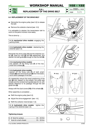 Page 41102 - 122
6.4.0
REPLACEMENT OF THE DRIVE BELT



1 / 1
WORKSHOP MANUAL
page from 
2000to  ••••
6.4 REPLACEMENT OF THE DRIVE BELT
Dismantle the engine pulley [see 5.5] to release
the belt.
Remove the collector channel [see  5.3].
It is advisable to slacken the transmission belt to
work on the parts involved more easily.
This is done by  ...
➤In mechanical drive models:engaging the
parking brake.  
➤In hydrostatic drive models:slackening the
stretcher [see 4.4].
Dismantle the drive pulley
(1)and...