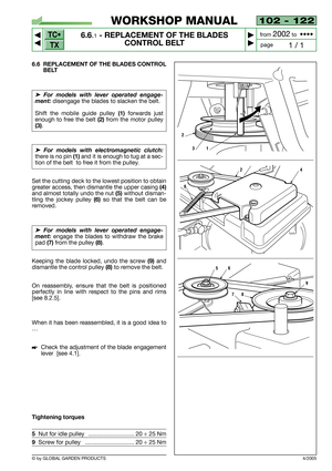 Page 43102 - 122
6.6.1- REPLACEMENT OF THE BLADES 
CONTROL BELT


1 / 1
WORKSHOP MANUAL
page from 
2002to  ••••
6.6 REPLACEMENT OF THE BLADES CONTROL
BELT
➤For models with lever operated engage-
ment: 
disengage the blades to slacken the belt.
Shift the mobile guide pulley
(1)forwards just
enough to free the belt 
(2)from the motor pulley
(3).
➤For models with electromagnetic clutch:
there is no pin(1)and it is enough to tug at a sec-
tion of the belt  to free it from the pulley.
Set the cutting deck to...