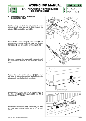 Page 44102 - 122
6.7.1- REPLACEMENT OF THE BLADES 
CONNECTION BELT


1 / 2
WORKSHOP MANUAL
page from 
2000to  ••••
6.7 REPLACEMENT OF THE BLADES 
CONNECTION BELT
Set the cutting deck to the lowest position to obtain
greater access, then slacken off and uncouple the
adjuster
(1) to unload the spring(2).
Dismantle the upper casing
(3), undo screw (4)and
dismantle the control pulley 
(5); undo the articula-
tion screw
(6)and remove the stretcher plate (7).
Remove the protection casing 
(8), slackening off...