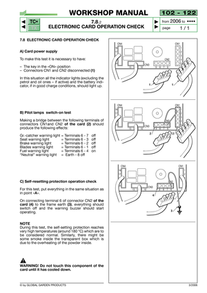 Page 69102 - 122
7.8.2
ELECTRONIC CARD OPERATION CHECK



1 / 1
WORKSHOP MANUAL
page from 
2006to  ••••
7.8 ELECTRONIC CARD OPERATION CHECK
A) Card power supply
To make this test it is necessary to have:
–The key in the «ON» position
–Connectors CN1 and CN2 disconnected 
(1)
In this situation all the indicator lights (excluding the
petrol and oil ones – if active) and the battery indi-
cator, if in good charge conditions, should light up.
B) Pilot lamps  switch-on test
Making a bridge between the...