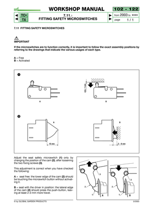 Page 72102 - 122
7.11.1
FITTING SAFETY MICROSWITCHES



1 / 1
WORKSHOP MANUAL
page from 
2003to  ••••
3/2003© by GLOBAL GARDEN PRODUCTS
TC•
TX
7.11 FITTING SAFETY MICROSWITCHES
IMPORTANT
If the microswitches are to function correctly, it is important to follow the exact assembly positions by
referring to the drawings that indicate the various usages of each type.
A 
= Free
B = Activated
Adjust the seat safety microswitch (1)only by
changing the position of the cam 
(2), after loosening
the two fixing...