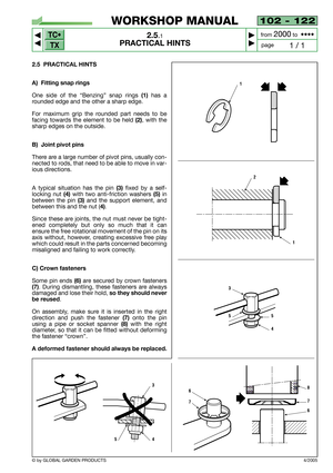 Page 10102 - 122
2.5.1
PRACTICAL HINTS



1 / 1
WORKSHOP MANUAL
page from 
2000to  ••••
2.5 PRACTICAL HINTS
A) Fitting snap rings
One side of the “Benzing” snap rings (1)has a
rounded edge and the other a sharp edge.
For maximum grip the rounded part needs to be
facing towards the element to be held 
(2), with the
sharp edges on the outside.
B) Joint pivot pins
There are a large number of pivot pins, usually con-
nected to rods, that need to be able to move in var-
ious directions.
A typical situation has...
