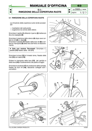 Page 205.1 RIMOZIONE DELLA COPERTURA RUOTE
La rimozione della copertura ruote rende accessi-
bili:
–il serbatoio del carburante;
–il pignone e la corona dello sterzo.
Smontare il sedile (1)sfilando il perno (2)trattenuto
da una coppiglia 
(3).
Smontare il piantone dello sterzo 
(4)dopo aver svi-
tato le viti 
(5)e i dadi (6).
Smontare il pedale 
(7)fissato dalle due viti (8)e svi-
tare la manopola 
(9)della leva del freno di staziona-
mento.
➤Solo con motore Tecumseh:Smontare il
pedale 
(10)fissato dalla  vite...