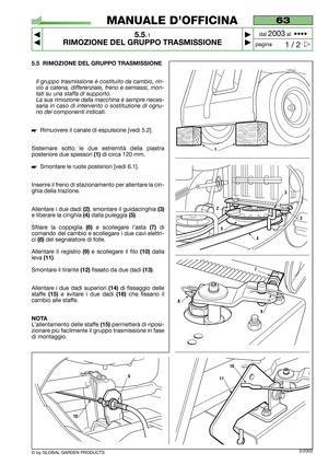 Page 275.5 RIMOZIONE DEL GRUPPO TRASMISSIONE
Il gruppo trasmissione è costituito da cambio, rin-
vio a catena, differenziale, freno e semiassi, mon-
tati su una staffa di supporto.
La sua rimozione dalla macchina è sempre neces-
saria in caso di intervento o sostituzione di ognu-
no dei componenti indicati.
Rimuovere il canale di espulsione [vedi 5.2].
Sistemare sotto le due estremità della piastra
posteriore due spessori 
(1)di circa 120 mm.
Smontare le ruote posteriori [vedi 6.1].
Inserire il freno di...