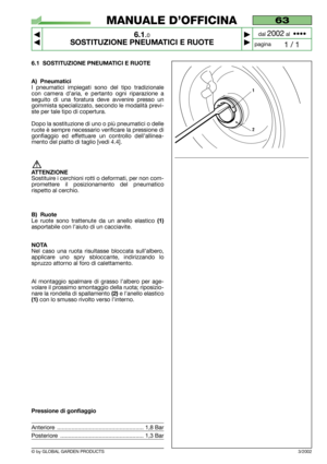 Page 29© by GLOBAL GARDEN PRODUCTS
63
6.1.0
SOSTITUZIONE PNEUMATICI E RUOTE



1 / 1
MANUALE D’OFFICINA
paginadal 
2002al  ••••
3/2002
6.1 SOSTITUZIONE PNEUMATICI E RUOTE
A) Pneumatici
I pneumatici impiegati sono del tipo tradizionale
con camera d’aria, e pertanto ogni riparazione a
seguito di una foratura deve avvenire presso un
gommista specializzato, secondo le modalità previ-
ste per tale tipo di copertura.
Dopo la sostituzione di uno o più pneumatici o delle
ruote è sempre necessario verificare la...