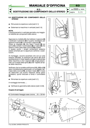 Page 316.3 SOSTITUZIONE DEI COMPONENTI DELLO
STERZO
Rimuovere la copertura ruote [vedi 5.1].
Sistemare la macchina in verticale [vedi 2.4].
NOTA
Il posizionamento in verticale permette una maggio-
re visibilità dei componenti dello sterzo.
Sganciare la molletta 
(1)che trattiene il pignone (2)
e sollevare il piantone (3)di quanto necessario per
estrarre la spina 
(4)e rimuovere il pignone (2).
Sfilare la coppiglia 
(5)che fissa il tirante (6)sul
perno 
(7)e svitare il controdado (8)e il dado (9)che
fissano...