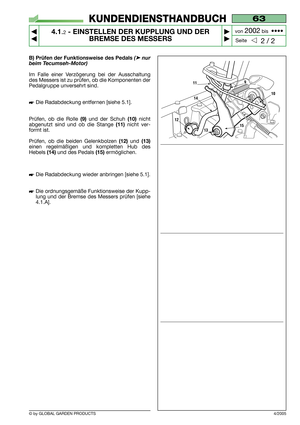 Page 13B) Prüfen der Funktionsweise des Pedals(➤nur
beim Tecumseh-Motor)
Im Falle einer Verzögerung bei der Ausschaltung
des Messers ist zu prüfen, ob die Komponenten der
Pedalgruppe unversehrt sind.
Die Radabdeckung entfernen [siehe 5.1].
Prüfen, ob die Rolle 
(9)und der Schuh (10)nicht
abgenutzt sind und ob die Stange 
(11)nicht ver-
formt ist.
Prüfen, ob die beiden Gelenkbolzen 
(12)und (13)
einen regelmäßigen und kompletten Hub des
Hebels 
(14)und des Pedals (15)ermöglichen. 
Die Radabdeckung wieder...