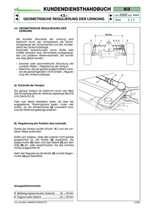 Page 17© by GLOBAL GARDEN PRODUCTS
63
4.5.0
GEOMETRISCHE REGULIERUNG DER LENKUNG



1 / 1
KUNDENDIENSTHANDBUCH
Seite von 
2002 bis  ••••
3/2002
4.5 GEOMETRISCHE REGULIERUNG DER
LENKUNG
Die korrekte Geometrie der Lenkung wird
bestimmt durch den Achsabstand der Verbin-
dungsstange der Achsschenkel und den Achsab-
stand der Lenkschubstange.
Eventuelle Abweichungen durch Stöße oder
Unfälle bewirken eine verminderte Lenkgenauig-
keit und größeren Reifenverschleiß. Sie können
wie folgt gelöst werden:
–anomale...