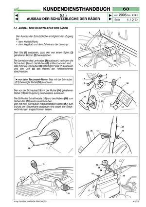 Page 205.1 AUSBAU DER SCHUTZBLECHE DER RÄDER
Der Ausbau der Schutzbleche ermöglicht den Zugang
zu:
–dem Kraftstofftank;
–dem Kegelrad und dem Zahnkranz der Lenkung.
Den Sitz (1)ausbauen, dazu den von einem Splint(3)
gehaltenen Bolzen (2)herausziehen.
Die Lenksäule des Lenkrades 
(4)ausbauen, nachdem die
Schrauben 
(5)und die Muttern (6)entfernt worden sind.
Das mit zwei Schrauben 
(8)befestigte Pedal (7) ausbauen
und den Griff 
(9)des Hebels der Feststellbremse
abschrauben.
➤nur beim Tecumseh-Motor:Das mit der...
