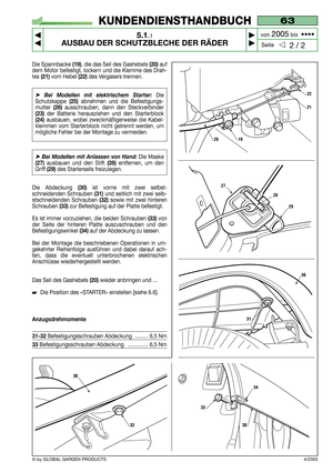 Page 21Die Spannbacke (19), die das Seil des Gashebels(20) auf
dem Motor befestigt, lockern und die Klemme des Drah-
tes 
(21)vom Hebel (22)des Vergasers trennen.
➤ Bei Modellen mit elektrischem Starter: Die
Schutzkappe 
(25)abnehmen und die Befestigungs-
mutter 
(26)ausschrauben, dann den Steckverbinder
(23)der Batterie herausziehen und den Starterblock
(24)ausbauen, wobei zweckmäßigerweise die Kabel-
klemmen vom Starterblock nicht getrennt werden, um
mögliche Fehler bei der Montage zu vermeiden.
➤ Bei...