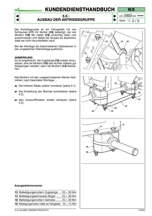 Page 28Die Antriebsgruppe ist am Fahrgestell mit vier
Schrauben 
(17)mit Mutter (18)befestigt; die vier
Muttern 
(18)der Halter (19)vorsichtig lösen und
ausschrauben und dabei die Gruppe so abstützen,
dass sie nicht herunterfallen kann.
Bei der Montage die beschriebenen Operationen in
der umgekehrten Reihenfolge ausführen.
ANMERKUNG
Es ist angebracht, die Zugstange (12)wieder einzu-
setzen, ehe die Muttern 
(18)des rechten Halters gut
festgezogen werden; dann die Muttern 
(13) festzie-
hen.
Alle Muttern mit den...