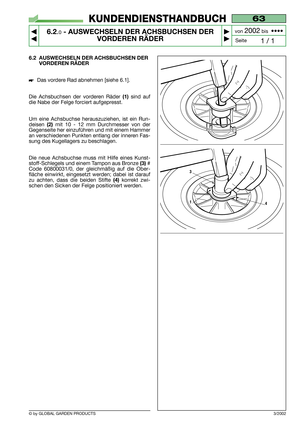 Page 30© by GLOBAL GARDEN PRODUCTS
63
6.2.0- AUSWECHSELN DER ACHSBUCHSEN DER
VORDEREN RÄDER


1 / 1
KUNDENDIENSTHANDBUCH
Seite von 
2002bis  ••••
3/2002
6.2 AUSWECHSELN DER ACHSBUCHSEN DER
VORDEREN RÄDER
Das vordere Rad abnehmen [siehe 6.1].
Die Achsbuchsen der vorderen Räder 
(1)sind auf
die Nabe der Felge forciert aufgepresst.
Um eine Achsbuchse herauszuziehen, ist ein Run-
deisen 
(2)mit 10 - 12 mm Durchmesser von der
Gegenseite her einzuführen und mit einem Hammer
an verschiedenen Punkten entlang der...