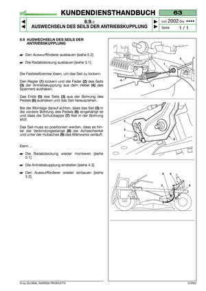 Page 386.9 AUSWECHSELN DES SEILS DER
ANTRIEBSKUPPLUNG
Den Auswurfförderer ausbauen [siehe 5.2].
Die Radabdeckung ausbauen [siehe 5.1].
Die Feststellbremse lösen, um das Seil zu lockern.
Den Regler 
(1)lockern und die Feder (2) des Seils
(3) der Antriebskupplung aus dem Hebel (4)des
Spanners aushaken.
Das Ende 
(5)des Seils (3)aus der Bohrung des
Pedals 
(6)aushaken und das Seil herausziehen.
Bei der Montage darauf achten, dass das Seil 
(3)in
die vordere Bohrung des Pedals 
(6) eingehängt ist
und dass die...