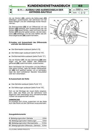 Page 42© by GLOBAL GARDEN PRODUCTS
63
6.11.0- AUSBAU UND AUSWECHSELN DER
ANTRIEBS-BAUTEILE 


2 / 2
KUNDENDIENSTHANDBUCH
Seite von 
2002bis  ••••
3/2002
die vier Muttern (23), welche die Halterungen (24)
befestigen, ausschrauben, den Zahnkranz von der
Kette freilegen und die vollständige Achse heraus-
nehmen.
Die Bremsscheibe 
(25)ist am Differenzial mit vier
Muttern 
(26)befestigt; beim Ausschrauben der vier
Muttern 
(26)darauf achten, dass nicht auch die vier
Muttern 
(27)darunter gelöst werden, die den...