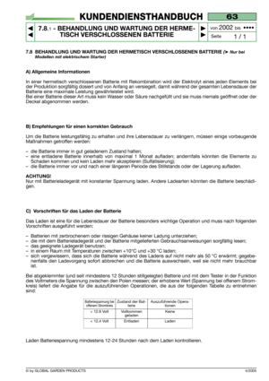 Page 527.8 BEHANDLUNG UND WARTUNG DER HERMETISCH VERSCHLOSSENEN BATTERIE (➤Nur bei
Modellen mit elektrischem Starter)
A) Allgemeine Informationen
In einer hermetisch verschlossenen Batterie mit Rekombination wird der Elektrolyt eines jeden Elements bei
der Produktion sorgfältig dosiert und von Anfang an versiegelt, damit während der gesamten Lebensdauer der
Batterie eine maximale Leistung gewährleistet wird.
Bei einer Batterie dieser Art muss kein Wasser oder Säure nachgefüllt und sie muss niemals geöffnet oder...