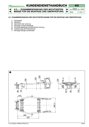 Page 57© by GLOBAL GARDEN PRODUCTS
63
8.2.0- ZUSAMMENFASSUNG DER WICHTIGSTEN
MASSE FÜR DIE MONTAGE UND ÜBERPRÜFUNG


1 / 3
KUNDENDIENSTHANDBUCH
Seite von 
2002 bis  ••••
8.2 ZUSAMMENFASSUNG DER WICHTIGSTEN MASSE FÜR DIE MONTAGE UND ÜBERPRÜFUNG
1
Fahrgestell
2Mähwerk
3Geometrie der Lenkung
4Montage Lenkschubstange
5Verbindungsstange Achsschenkel Lenkung
6Ausdehnung des Treibriemens
7Montage Stange Schalthebel
3/2002
1  