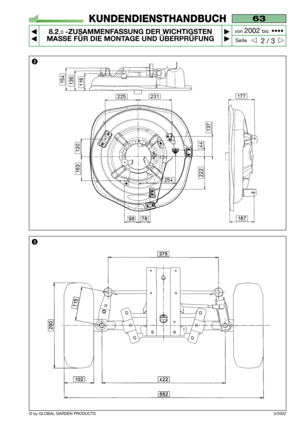 Page 58© by GLOBAL GARDEN PRODUCTS
63
8.2.0-ZUSAMMENFASSUNG DER WICHTIGSTEN
MASSE FÜR DIE MONTAGE UND ÜBERPRÜFUNG


2 / 3
KUNDENDIENSTHANDBUCH
Seite von 
2002 bis  ••••
3/2002
2
3   
