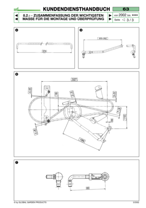 Page 59© by GLOBAL GARDEN PRODUCTS
63
8.2.0- ZUSAMMENFASSUNG DER WICHTIGSTEN
MASSE FÜR DIE MONTAGE UND ÜBERPRÜFUNG


3 / 3
KUNDENDIENSTHANDBUCH
Seite von 
2002 bis  ••••
3/2002
6
45
7     