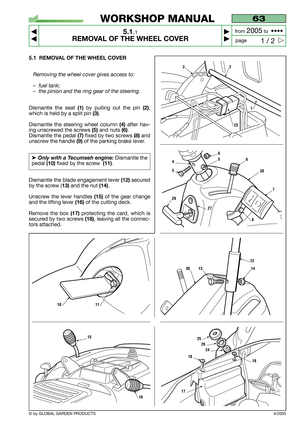 Page 20© by GLOBAL GARDEN PRODUCTS
63
5.1.1
REMOVAL OF THE WHEEL COVER



1 / 2
WORKSHOP MANUAL
page from 
2005to  ••••
5.1 REMOVAL OF THE WHEEL COVER
Removing the wheel cover gives access to:
–fuel tank;
–the pinion and the ring gear of the steering.
Dismantle the seat (1)by pulling out the pin (2),
which is held by a split pin 
(3).
Dismantle the steering wheel column 
(4)after hav-
ing unscrewed the screws 
(5)and nuts (6).
Dismantle the pedal 
(7)fixed by two screws (8)and
unscrew the handle 
(9)of...