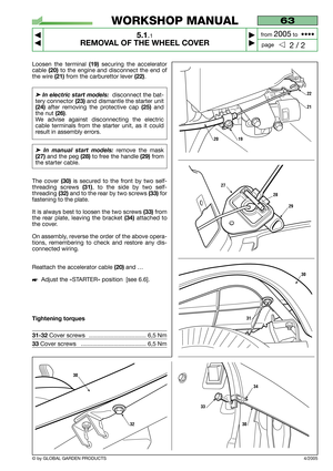 Page 21Loosen the terminal (19)securing the accelerator
cable
(20) to the engine and disconnect the end of
the wire 
(21)from the carburettor lever (22).
➤ In electric start models: disconnect the bat-
tery connector 
(23) and dismantle the starter unit
(24)after removing the protective cap(25) and
the nut 
(26). 
We advise against disconnecting the electric
cable terminals from the starter unit, as it could
result in assembly errors.
➤ In manual start models:remove the mask
(27)and the peg (28)to free the...