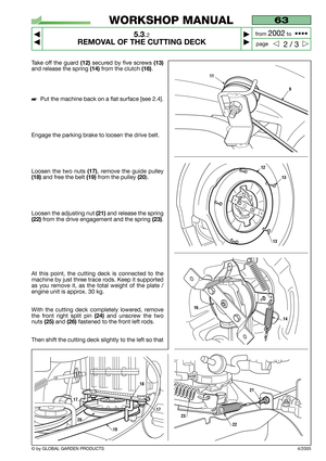 Page 24© by GLOBAL GARDEN PRODUCTS
63
5.3.2
REMOVAL OF THE CUTTING DECK



2 / 3
WORKSHOP MANUAL
page from 
2002to  ••••
Take off the guard (12)secured by five screws (13)
and release the spring (14)from the clutch (16).
Put the machine back on a flat surface [see 2.4].
Engage the parking brake to loosen the drive belt.
Loosen the two nuts
(17), remove the guide pulley
(18)and free the belt (19)from the pulley (20).
Loosen the adjusting nut 
(21)and release the spring
(22)from the drive engagement and...