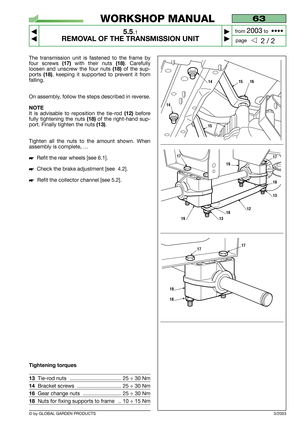 Page 28© by GLOBAL GARDEN PRODUCTS
63
5.5.1
REMOVAL OF THE TRANSMISSION UNIT



2 / 2
WORKSHOP MANUAL
page from 
2003to  ••••
The transmission unit is fastened to the frame by
four screws
(17)with their nuts (18). Carefully
loosen and unscrew the four nuts
(18)of the sup-
ports 
(18), keeping it supported to prevent it from
falling.
On assembly, follow the steps described in reverse.
NOTE
It is advisable to reposition the tie-rod(12)before
fully tightening the nuts 
(18)of the right-hand sup-
port....