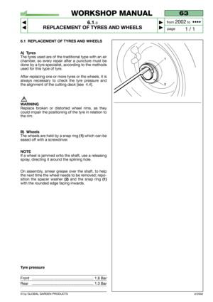 Page 29© by GLOBAL GARDEN PRODUCTS
63
6.1.0
REPLACEMENT OF TYRES AND WHEELS



1 / 1
WORKSHOP MANUAL
page from 
2002to  ••••
3/2002
6.1 REPLACEMENT OF TYRES AND WHEELS
A) Tyres
The tyres used are of the traditional type with an air
chamber, so every repair after a puncture must be
done by a tyre specialist, according to the methods
used for this type of tyre.
After replacing one or more tyres or the wheels, it is
always necessary to check the tyre pressure and
the alignment of the cutting deck [see...