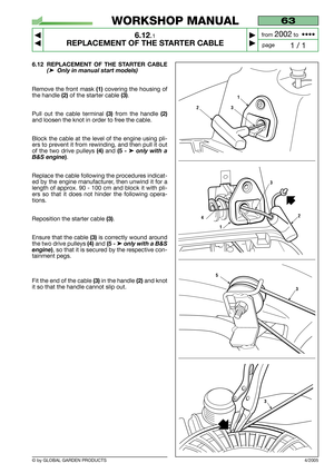 Page 43© by GLOBAL GARDEN PRODUCTS
63
6.12.1
REPLACEMENT OF THE STARTER CABLE



1 / 1
WORKSHOP MANUAL
page from 
2002to  ••••
4/2005
6.12 REPLACEMENT OF THE STARTER CABLE
(➤Only in manual start models)
Remove the front mask (1)covering the housing of
the handle 
(2)of the starter cable (3).  
Pull out the cable terminal 
(3)from the handle (2)
and loosen the knot in order to free the cable.
Block the cable at the level of the engine using pli-
ers to prevent it from rewinding, and then pull it out
of the...