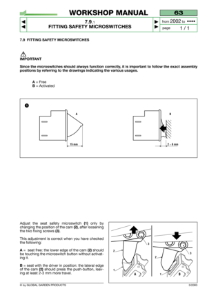 Page 53© by GLOBAL GARDEN PRODUCTS
63
7.9.1
FITTING SAFETY MICROSWITCHES



1 / 1
WORKSHOP MANUAL
page from 
2002to  ••••
3/2003
7.9 FITTING SAFETY MICROSWITCHES
IMPORTANT
Since the microswitches should always function correctly, it is important to follow the exact assembly
positions by referring to the drawings indicating the various usages.
A 
= Free
B = Activated
15 mm
AB
2 ÷ 6 mm
1
Adjust the seat safety microswitch (1)only by
changing the position of the cam 
(2), after loosening
the two fixing...