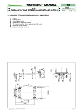 Page 57© by GLOBAL GARDEN PRODUCTS
63
8.2.0
SUMMARY OF MAIN ASSEMBLY AMOUNTS AND CHECKS



1 / 3
WORKSHOP MANUAL
page from 
2002to  ••••
8.2 SUMMARY OF MAIN ASSEMBLY AMOUNTS AND CHECKS
1
Frame
2Cutting deck
3Steering geometry
6Assembly of steering tie-rods
6Tie-rod connecting steering steering stub axles
4Drive belt development
7Assembly of gear lever rod
3/2002  