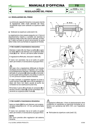 Page 1672
4.3.2
REGOLAZIONE DEL FRENO



1 / 1
MANUALE D’OFFICINA
paginadal 
2006al  ••••
4.3 REGOLAZIONE DEL FRENO
La diminuita capacità frenante si recupera tramite
la regolazione della molla dell’asta del freno,
accessibile dopo aver sollevato la copertura delle
ruote.
Sollevare la copertura ruote [vedi 2.5].
La registrazione deve essere eseguita con il freno di
stazionamento inserito e consiste nel riportare la
lunghezza della molla alla misura ottimale; avvitan-
do il dado sull’asta (e quindi...