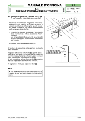 Page 17© by GLOBAL GARDEN PRODUCTS
72
4.4.1
REGOLAZIONE DELLA CINGHIA TRAZIONE



1 / 1
MANUALE D’OFFICINA
paginadal 
1998al  ••••
3/2003
4.4 REGOLAZIONE DELLA CINGHIA TRAZIONE
(➤nei modelli a trasmissione meccanica)
Qualora si riscontrassero irregolarità nell’avanza-
mento dopo un periodo prolungato di utilizzo o
dopo la sostituzione della cinghia, queste posso-
no essere causate da una variazione intervenuta
nella lunghezza della cinghia.
–Una cinghia allentata diminuisce il rendimento
della...