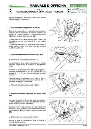 Page 19fino ad ottenere un gioco di 0,5 mm fra il pattino
(10)e la leva (11)di sblocco.
C) Regolazione del dispositivo di frizione
Durante la marcia la leva è trattenuta nella posizione
prescelta da un dispositivo di frizione, costituito da
un settore 
(12)scorrevole fra due dischi di attrito
(13), tenuti pressati da una molla (14).
Il carico della molla 
(14)si regola tramite il dado (15)
fino ad ottenere una lunghezza di 18 mm, a pedale
rilasciato.
Controllare che i dischi di attrito 
(13)siano integri e...