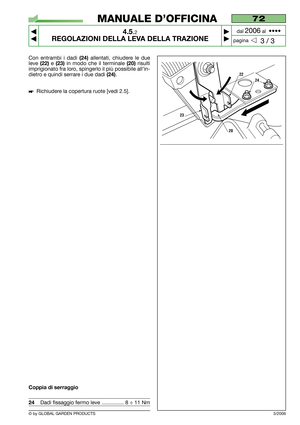 Page 20© by GLOBAL GARDEN PRODUCTS
72
4.5.2
REGOLAZIONI DELLA LEVA DELLA TRAZIONE



3 / 3
MANUALE D’OFFICINA
paginadal 
2006al  ••••
3/2006
Con entrambi i dadi (24)allentati, chiudere le due
leve 
(22)e(23)in modo che il terminale(20)risulti
imprigionato fra loro, spingerlo il più possibile all’in-
dietro e quindi serrare i due dadi 
(24).
Richiudere la copertura ruote [vedi 2.5].
Coppia di serraggio
24Dadi fissaggio fermo leve ............... 8 ÷ 11 Nm
24
20
22
23 