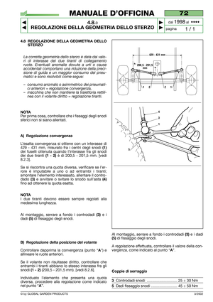 Page 2572
4.8.0
REGOLAZIONE DELLA GEOMETRIA DELLO STERZO

 

1 / 1

MANUALE D’OFFICINA
paginadal 
1998al  ••••
4.8 REGOLAZIONE DELLA GEOMETRIA DELLO
STERZO
La corretta geometria dello sterzo è data dai valo-
ri di interasse dei due tiranti di collegamento
ruote. Eventuali anomalie dovute a urti o cause
accidentali comportano una riduzione della preci-
sione di guida e un maggior consumo dei pneu-
matici e sono risolvibili come segue:
– consumo anomalo o asimmetrico dei pneumati-
ci anteriori = regolazione...