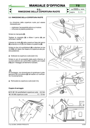 Page 315.3 RIMOZIONE DELLA COPERTURA RUOTE
La rimozione della copertura ruote può essere
necessaria per:
–migliorare l’accessibilità attorno al motore;
–rimuovere la piastra posteriore.
Svitare la manopola (2).
Togliere la coppiglia 
(3)e sfilare il perno (4)per
smontare il sedile.
Liberare la molla 
(5)della copertura fissa del sacco
(6)svitando le viti (7)che fissano la piastrina (8).
Svitare le due viti autofilettanti 
(9) e allentare le due
viti 
(10)con dado che fissano la copertura alla pia-
stra...