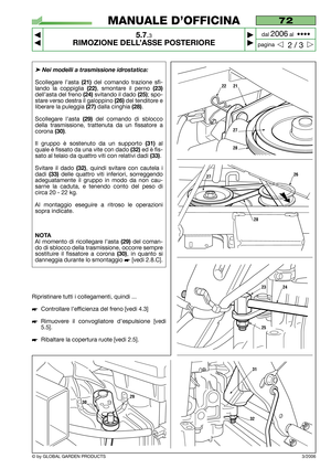 Page 38➤Nei modelli a trasmissione idrostatica: 
Scollegare l’asta (21)del comando trazione sfi-
lando la coppiglia 
(22), smontare il perno (23)
dell’asta del freno (24)svitando il dado (25); spo-
stare verso destra il galoppino 
(26)del tenditore e
liberare la puleggia 
(27)dalla cinghia (28).
Scollegare l’asta 
(29)del comando di sblocco
della trasmissione, trattenuta da un fissatore a
corona 
(30).
Il gruppo è sostenuto da un supporto 
(31)al
quale è fissato da una vite con dado 
(32)ed è fis-
sato al...