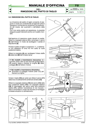 Page 405.8 RIMOZIONE DEL PIATTO DI TAGLIO
La rimozione del piatto di taglio consente di ese-
guire in modo più confortevole ed agevole tutte le
operazioni concernenti la revisione e la sostituzio-
ne del mozzo, dei cuscinetti o dell’albero della
lama.
Con una certa pratica ed esperienza, è possibile
eseguire questi interventi anche con il piatto mon-
tato.
Dall’apertura di ispezione posta davanti al sedile,
sfilare la coppiglia esterna 
(1)e smontare il perno
(2)dall’interno, in modo da scollegare il canale di...