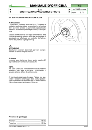 Page 42© by GLOBAL GARDEN PRODUCTS
72
6.1.0
SOSTITUZIONE PNEUMATICI E RUOTE



1 / 1
MANUALE D’OFFICINA
paginadal 
1998al  ••••
3/2002
6.1 SOSTITUZIONE PNEUMATICI E RUOTE
A) Pneumatici
I pneumatici impiegati sono del tipo «Tubeless» e
pertanto ogni riparazione a seguito di una foratura
deve avvenire presso un gommista specializzato,
secondo le modalità previste per tale tipo di coper-
tura.
Dopo la sostituzione di uno o più pneumatici o delle
ruote è sempre necessario verificare la pressione di
gonfiaggio...