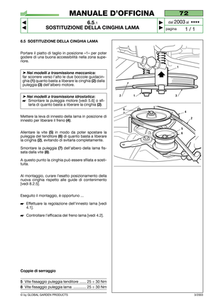 Page 46© by GLOBAL GARDEN PRODUCTS
72
6.5.1
SOSTITUZIONE DELLA CINGHIA LAMA



1 / 1
MANUALE D’OFFICINA
paginadal 
2003al  ••••
6.5 SOSTITUZIONE DELLA CINGHIA LAMA
Portare il piatto di taglio in posizione «1» per poter
godere di una buona accessibilità nella zona supe-
riore.
➤Nei modelli a trasmissione meccanica:
far scorrere verso l’alto le due boccole guidacin-
ghia 
(1)quanto basta a liberare la cinghia (2)dalla
puleggia 
(3)dell’albero motore.
➤Nei modelli a trasmissione idrostatica:
Smontare la...